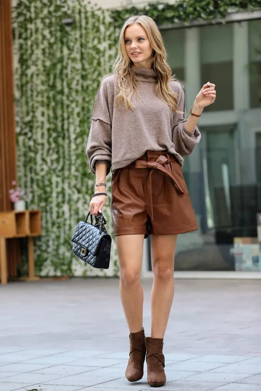 Faux Leather Tie Waist Paperbag Shorts