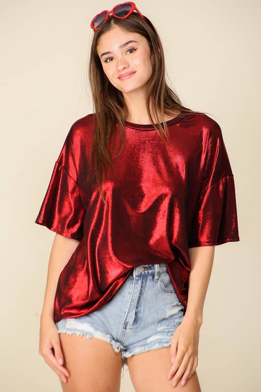 Metallic Knit Oversized Top - Red