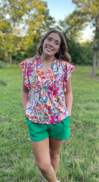 Colorful V Neck Floral Print Blouse