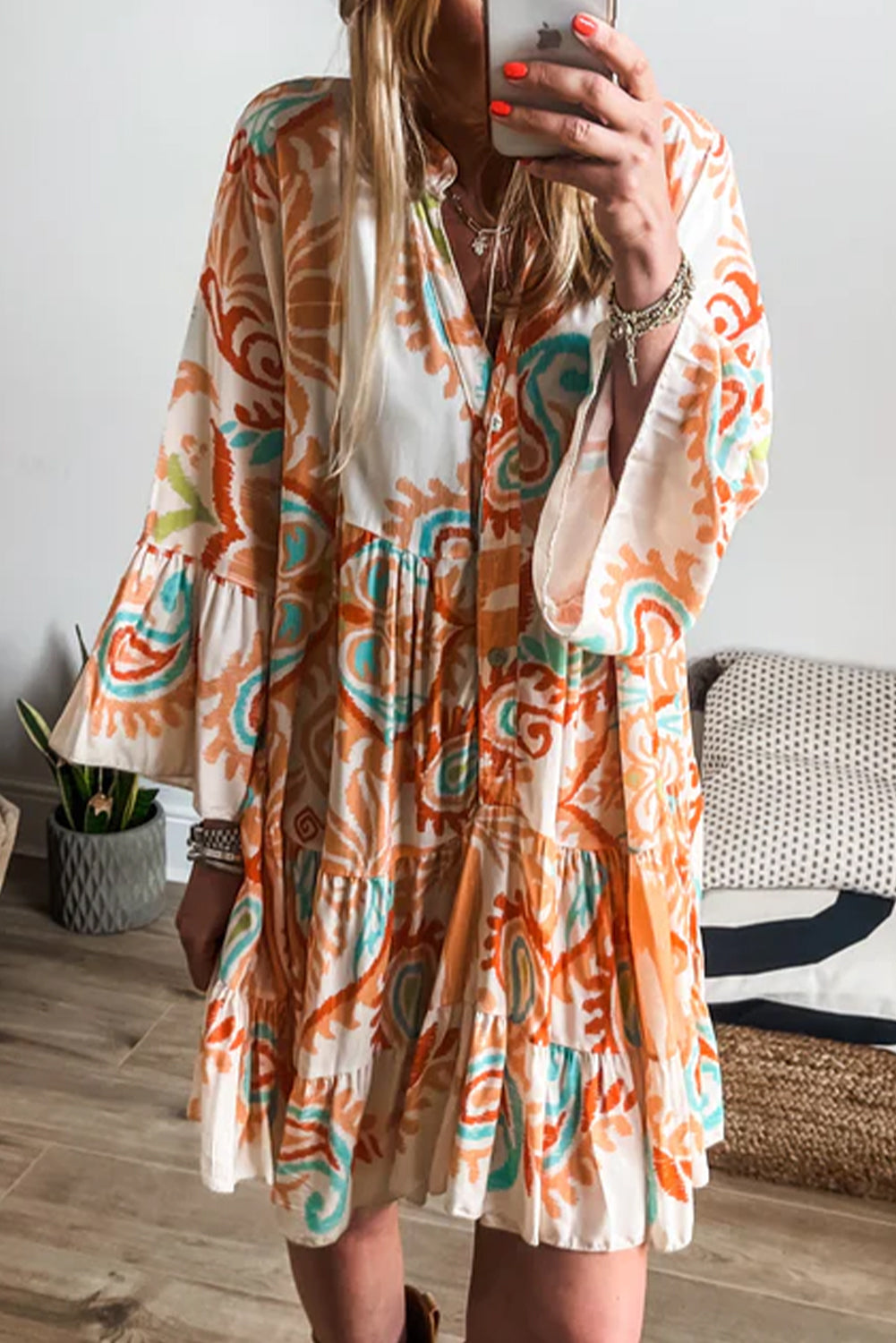 Boho Paisley Print Dress - Orange