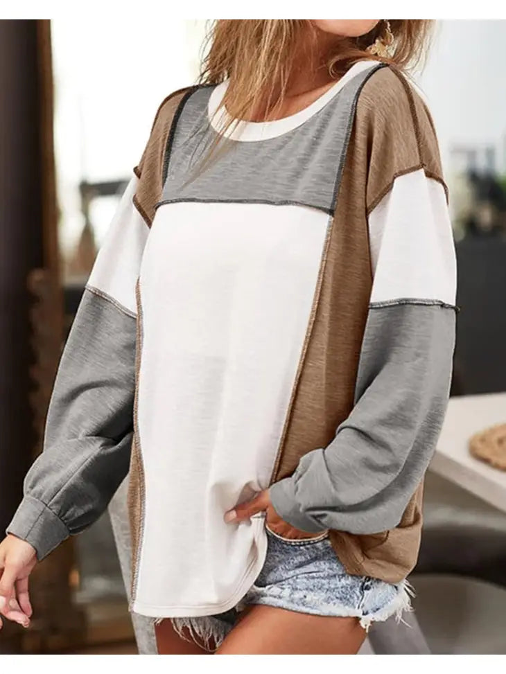 Grey Color Block Exposed Seam top