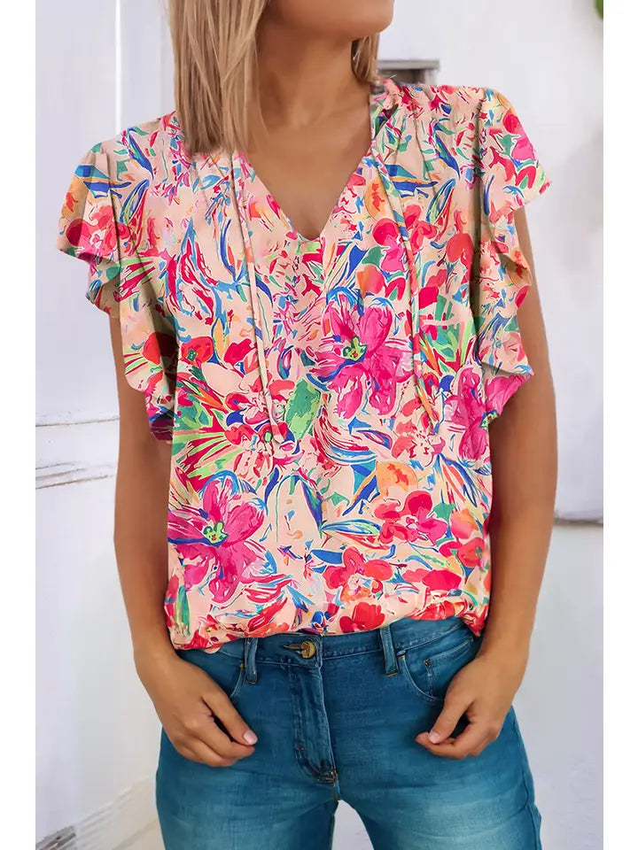 Colorful V Neck Floral Print Blouse