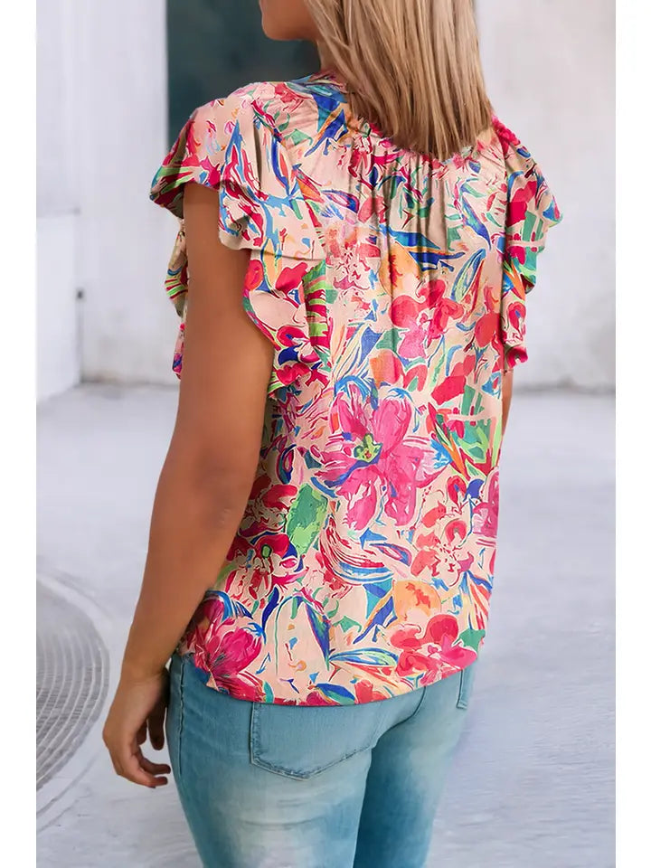 Colorful V Neck Floral Print Blouse