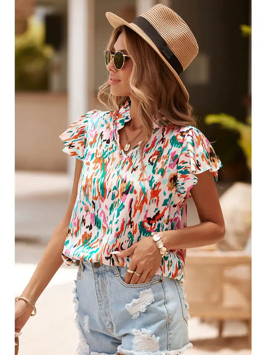 Abstract Ruffle Split Neck Blouse